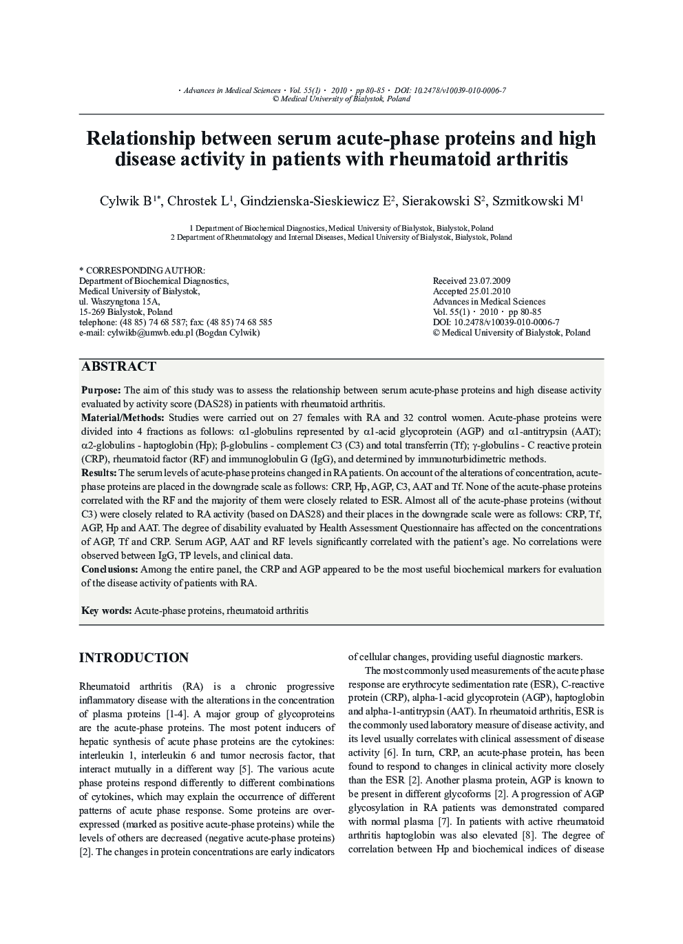 Relationship between serum acute-phase proteins and high disease activity in patients with rheumatoid arthritis