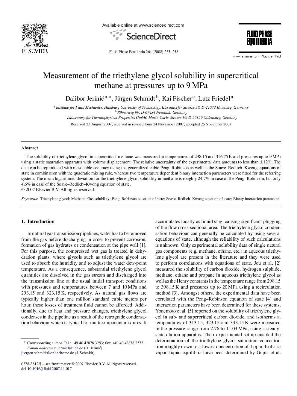 Measurement of the triethylene glycol solubility in supercritical methane at pressures up to 9 MPa