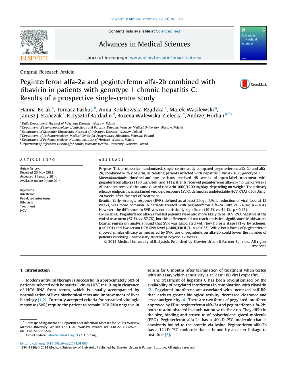 Peginterferon alfa-2a and peginterferon alfa-2b combined with ribavirin in patients with genotype 1 chronic hepatitis C: Results of a prospective single-centre study