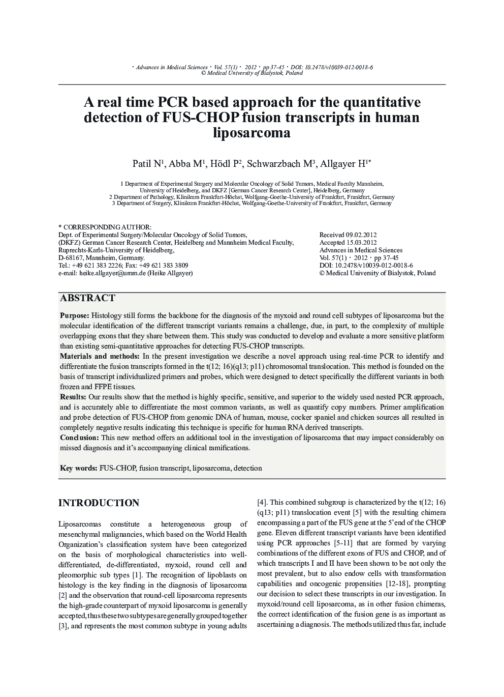 A real time PCR based approach for the quantitative detection of FUS-CHOP fusion transcripts in human liposarcoma