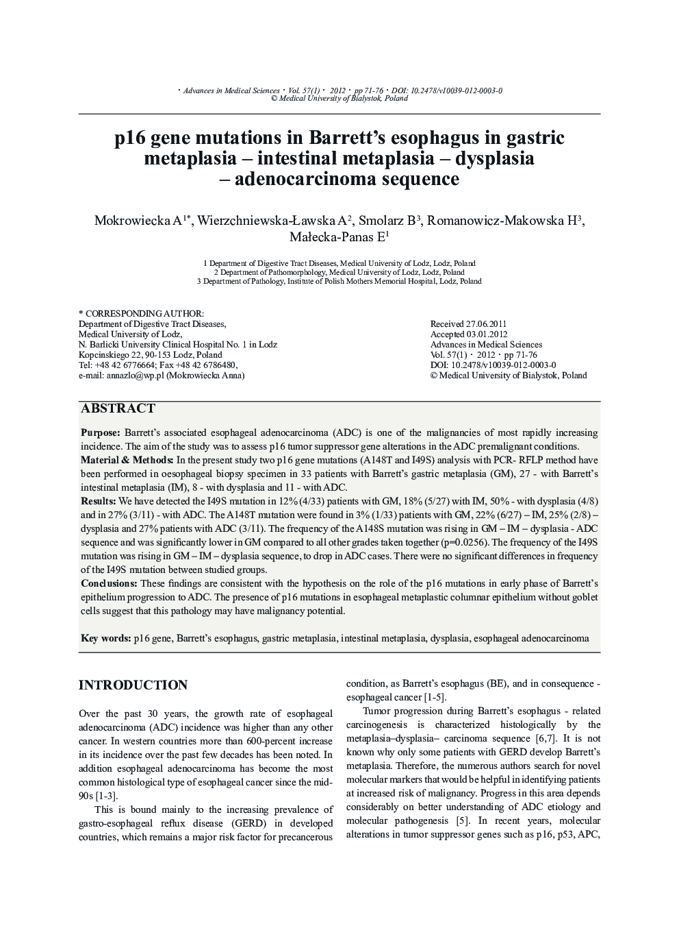 p16 gene mutations in Barrett's esophagus in gastric metaplasia – intestinal metaplasia – dysplasia – adenocarcinoma sequence