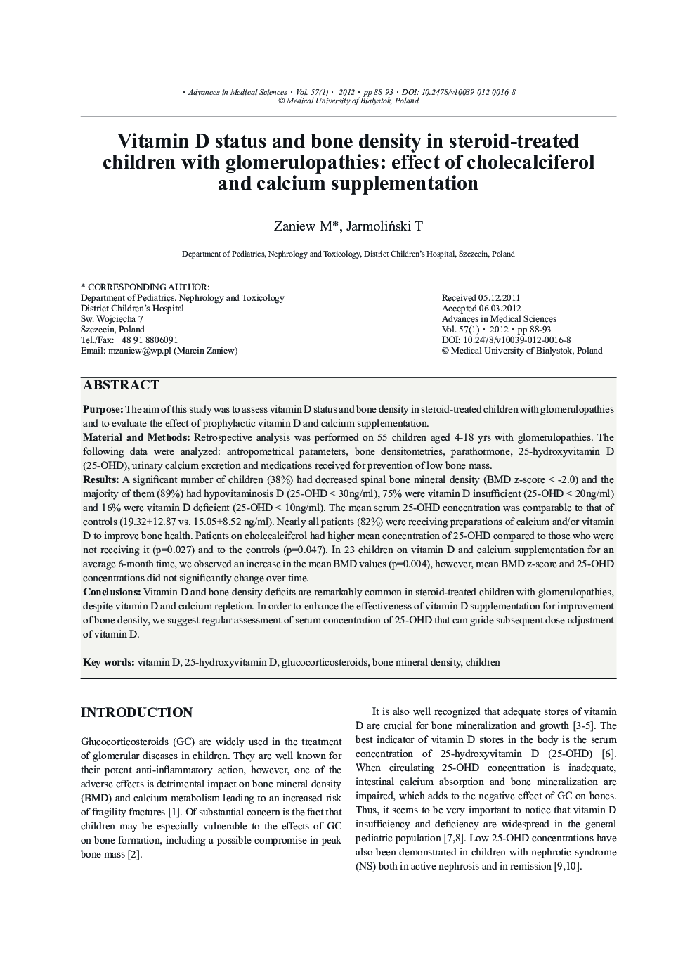 Vitamin D status and bone density in steroid-treated children with glomerulopathies: effect of cholecalciferol and calcium supplementation