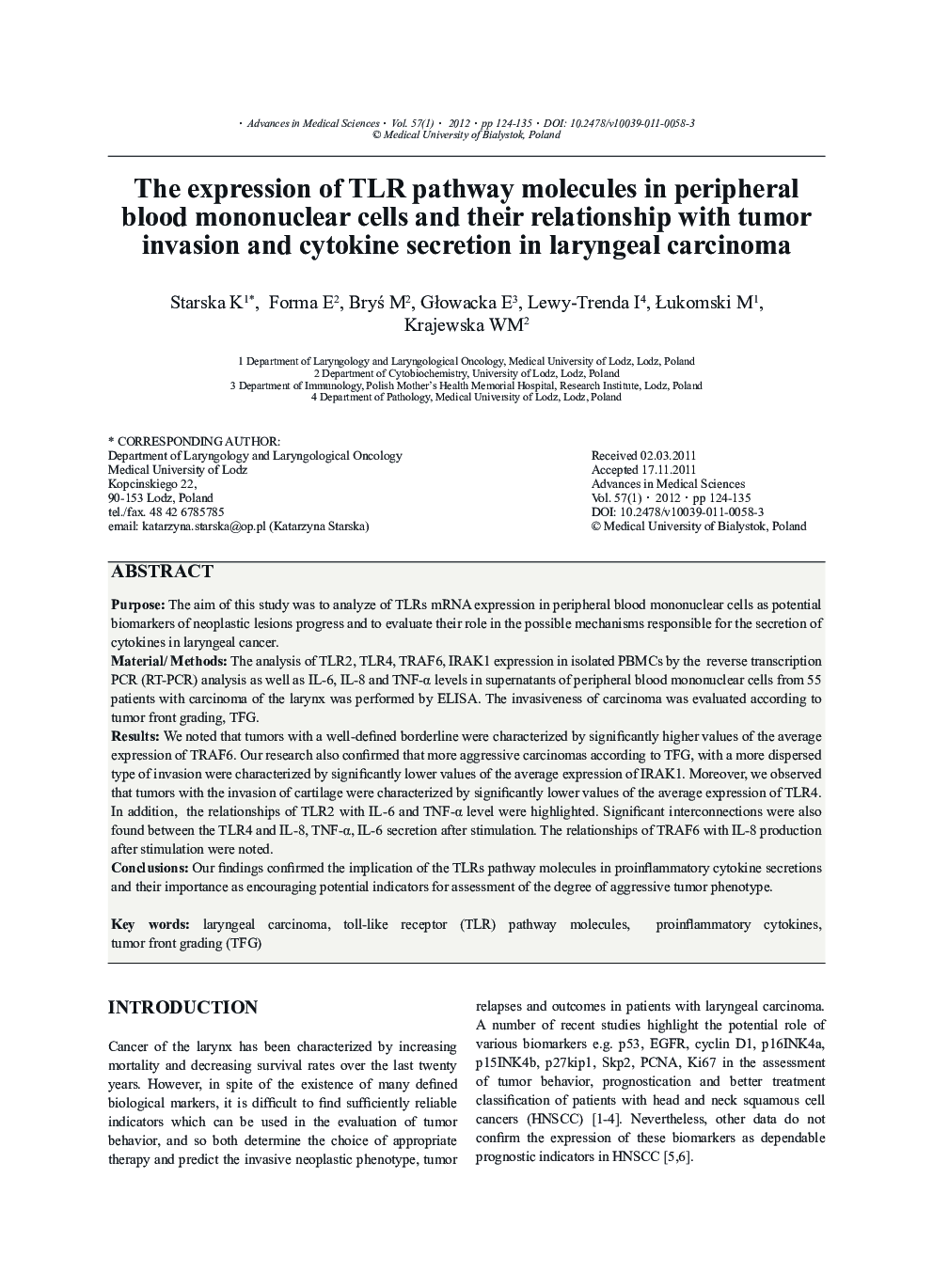 The expression of TLR pathway molecules in peripheral blood mononuclear cells and their relationship with tumor invasion and cytokine secretion in laryngeal carcinoma