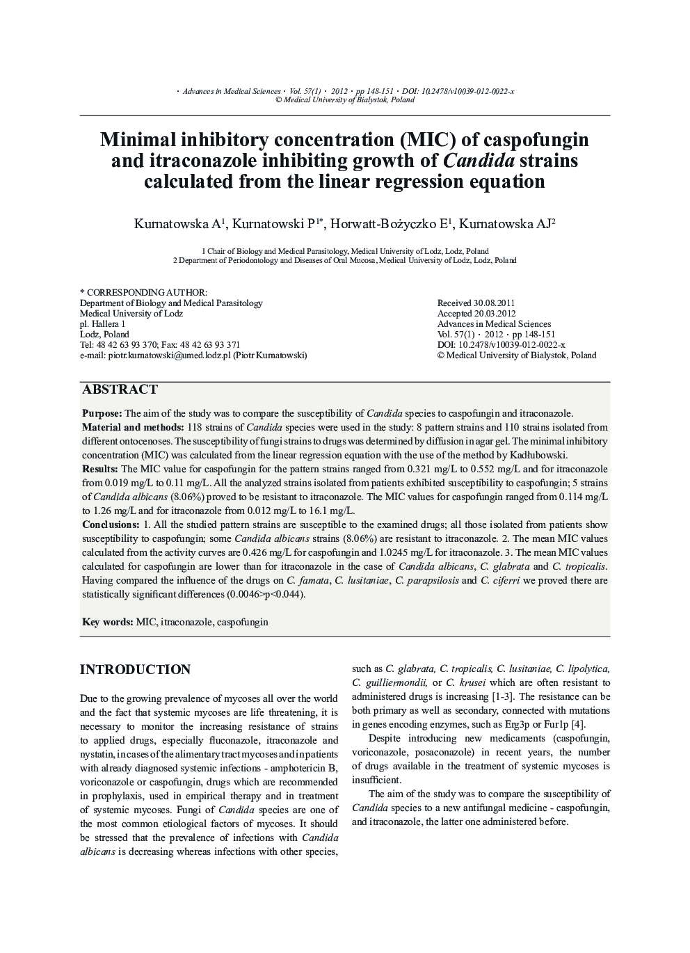 Minimal inhibitory concentration (MIC) of caspofungin and itraconazole inhibiting growth of Candida strains calculated from the linear regression equation