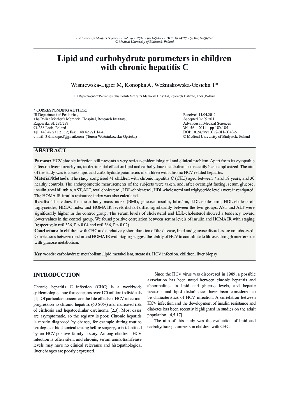 Lipid and carbohydrate parameters in children with chronic hepatitis C