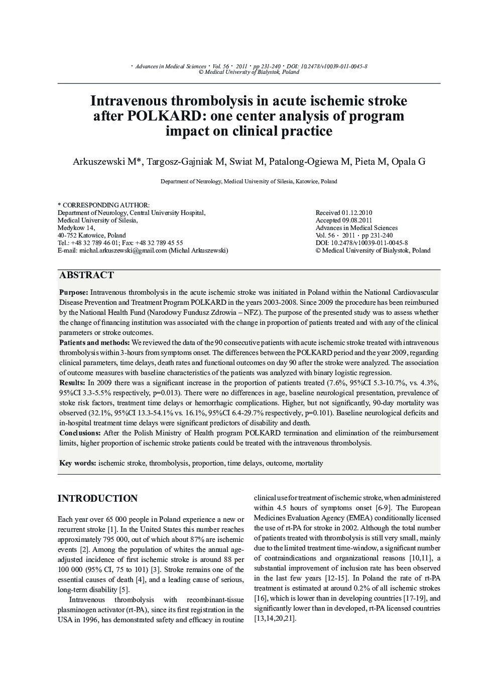 Intravenous thrombolysis in acute ischemic stroke after POLKARD: one center analysis of program impact on clinical practice