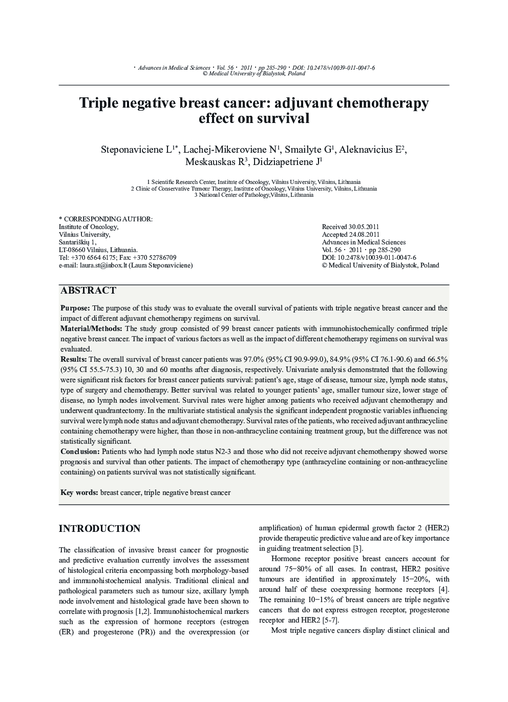 Triple negative breast cancer: adjuvant chemotherapy effect on survival