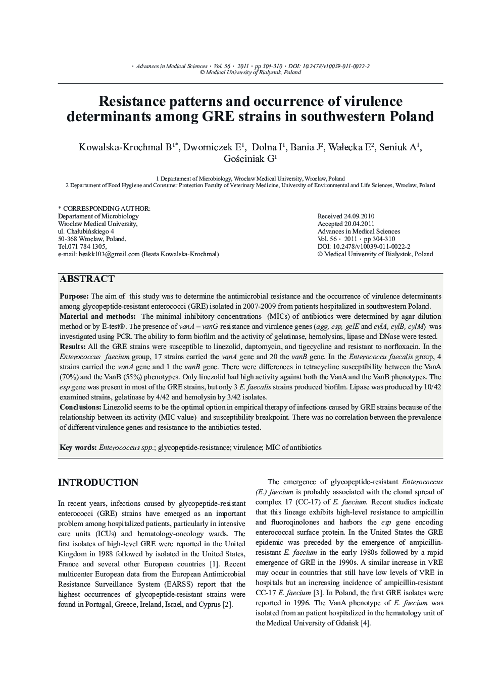 Resistance patterns and occurrence of virulence determinants among GRE strains in southwestern Poland