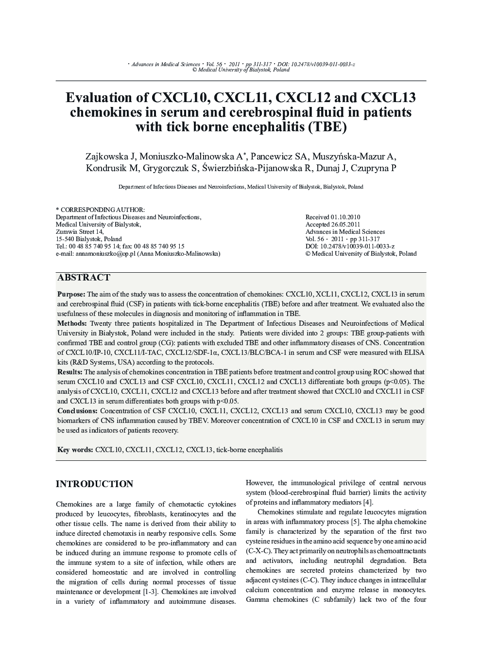 Evaluation of CXCL10, CXCL11, CXCL12 and CXCL13 chemokines in serum and cerebrospinal fluid in patients with tick borne encephalitis (TBE)