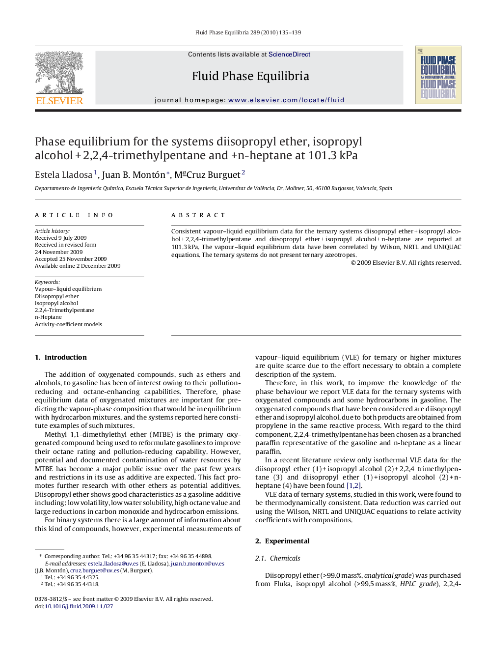 Phase equilibrium for the systems diisopropyl ether, isopropyl alcohol + 2,2,4-trimethylpentane and +n-heptane at 101.3 kPa