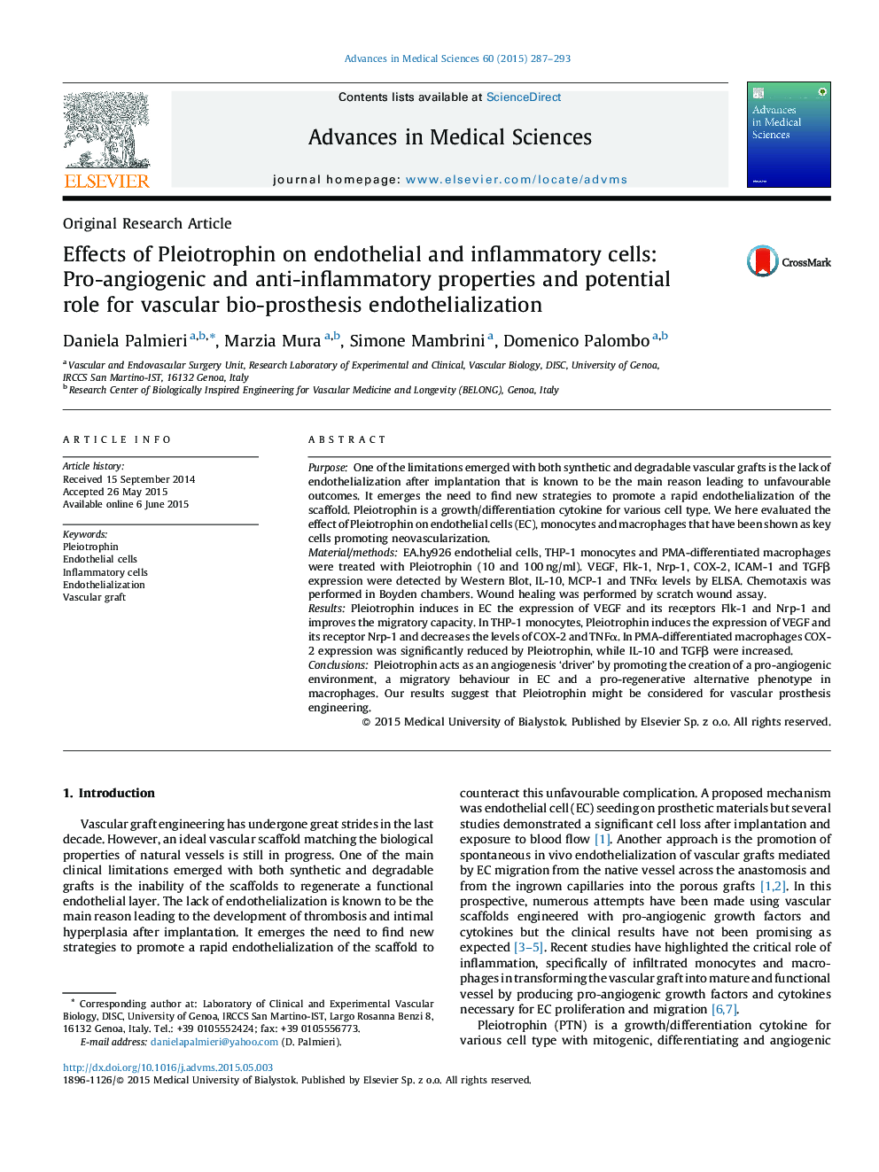 Effects of Pleiotrophin on endothelial and inflammatory cells: Pro-angiogenic and anti-inflammatory properties and potential role for vascular bio-prosthesis endothelialization