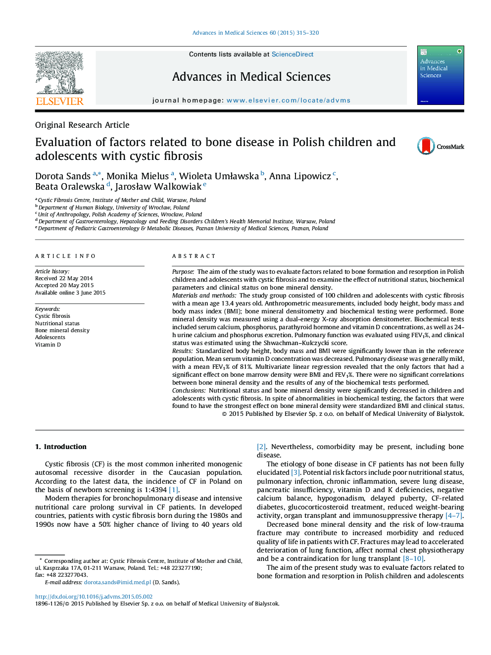 Evaluation of factors related to bone disease in Polish children and adolescents with cystic fibrosis