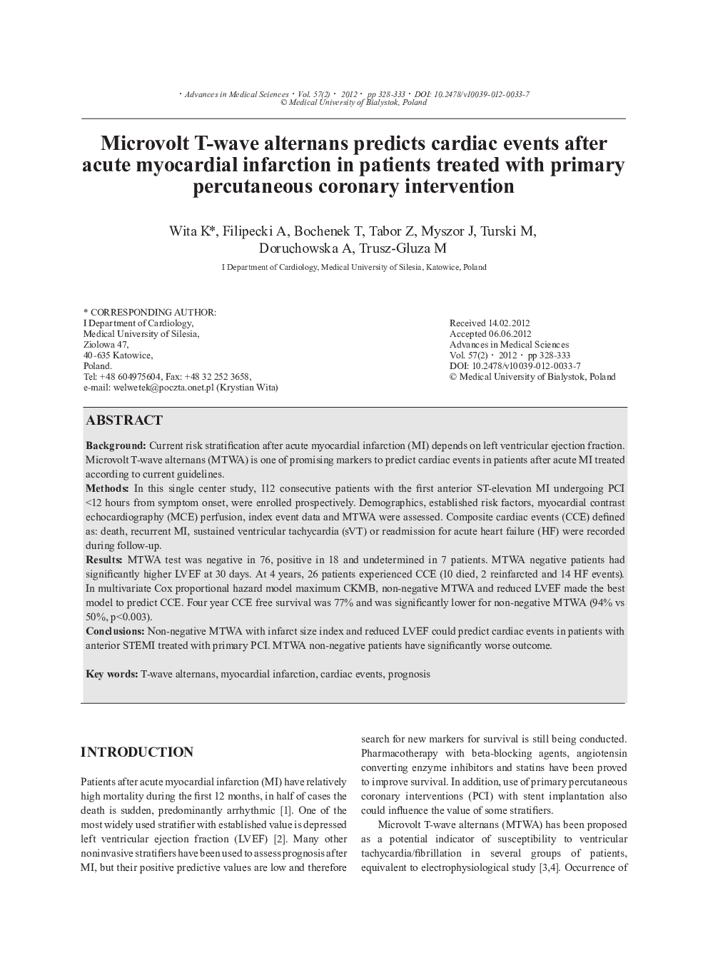 Microvolt T-wave alternans predicts cardiac events after acute myocardial infarction in patients treated with primary percutaneous coronary intervention