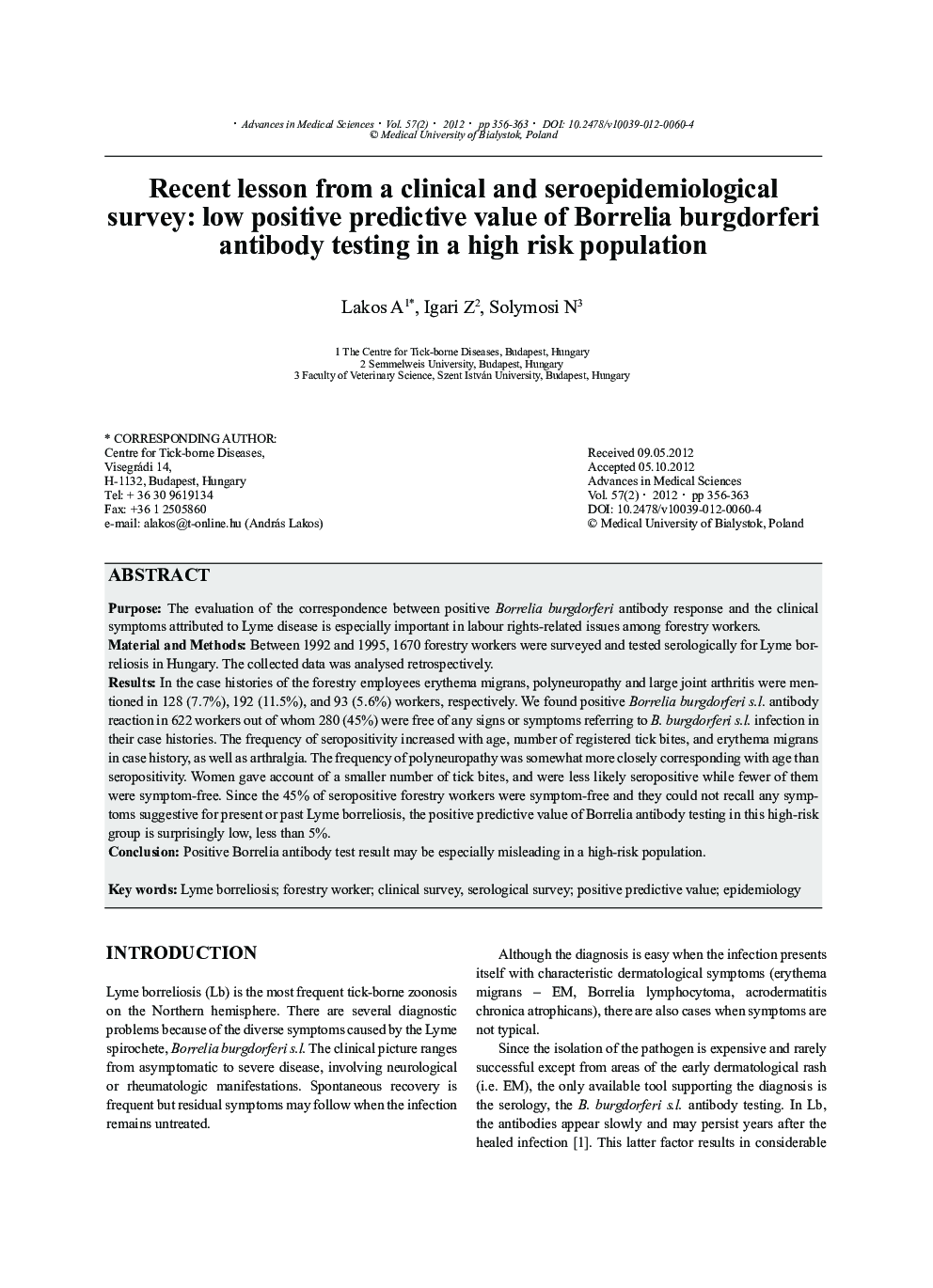 Recent lesson from a clinical and seroepidemiological survey: low positive predictive value of Borrelia burgdorferi antibody testing in a high risk population