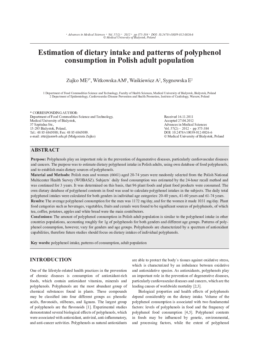 Estimation of dietary intake and patterns of polyphenol consumption in Polish adult population