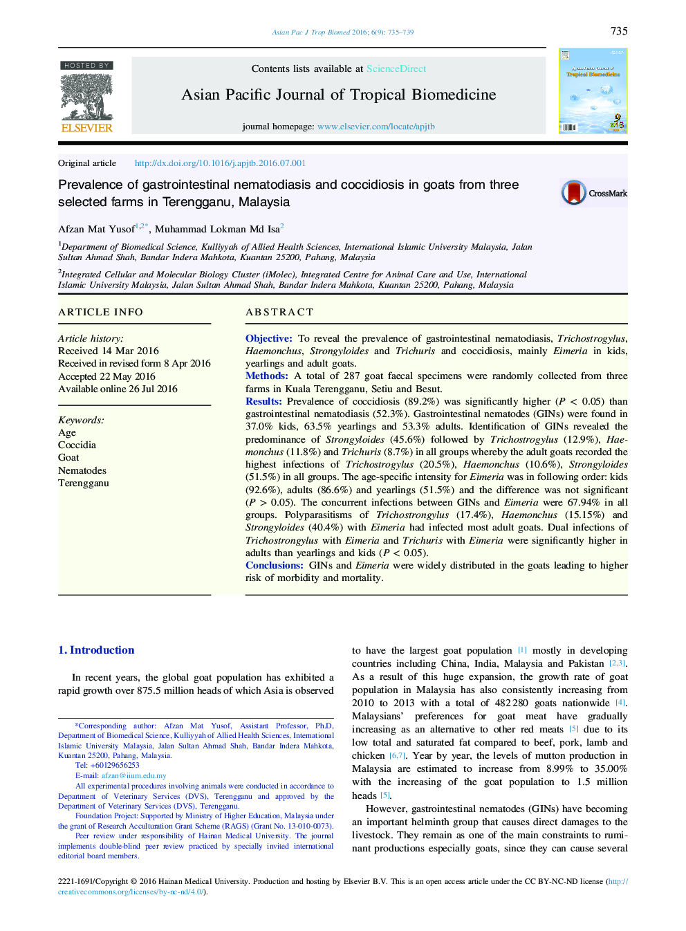 Prevalence of gastrointestinal nematodiasis and coccidiosis in goats from three selected farms in Terengganu, Malaysia 