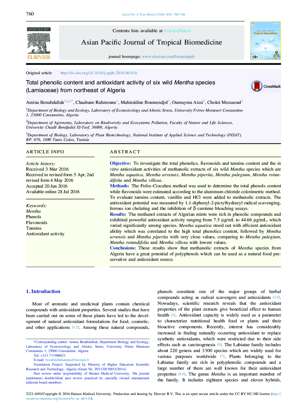 Total phenolic content and antioxidant activity of six wild Mentha species (Lamiaceae) from northeast of Algeria 