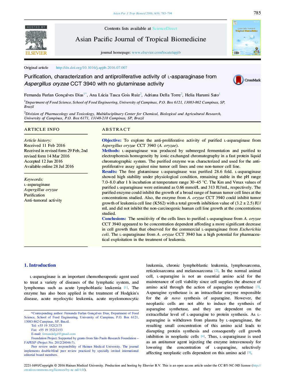 Purification, characterization and antiproliferative activity of l-asparaginase from Aspergillus oryzae CCT 3940 with no glutaminase activity 