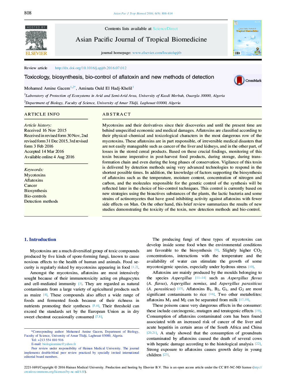 Toxicology, biosynthesis, bio-control of aflatoxin and new methods of detection 