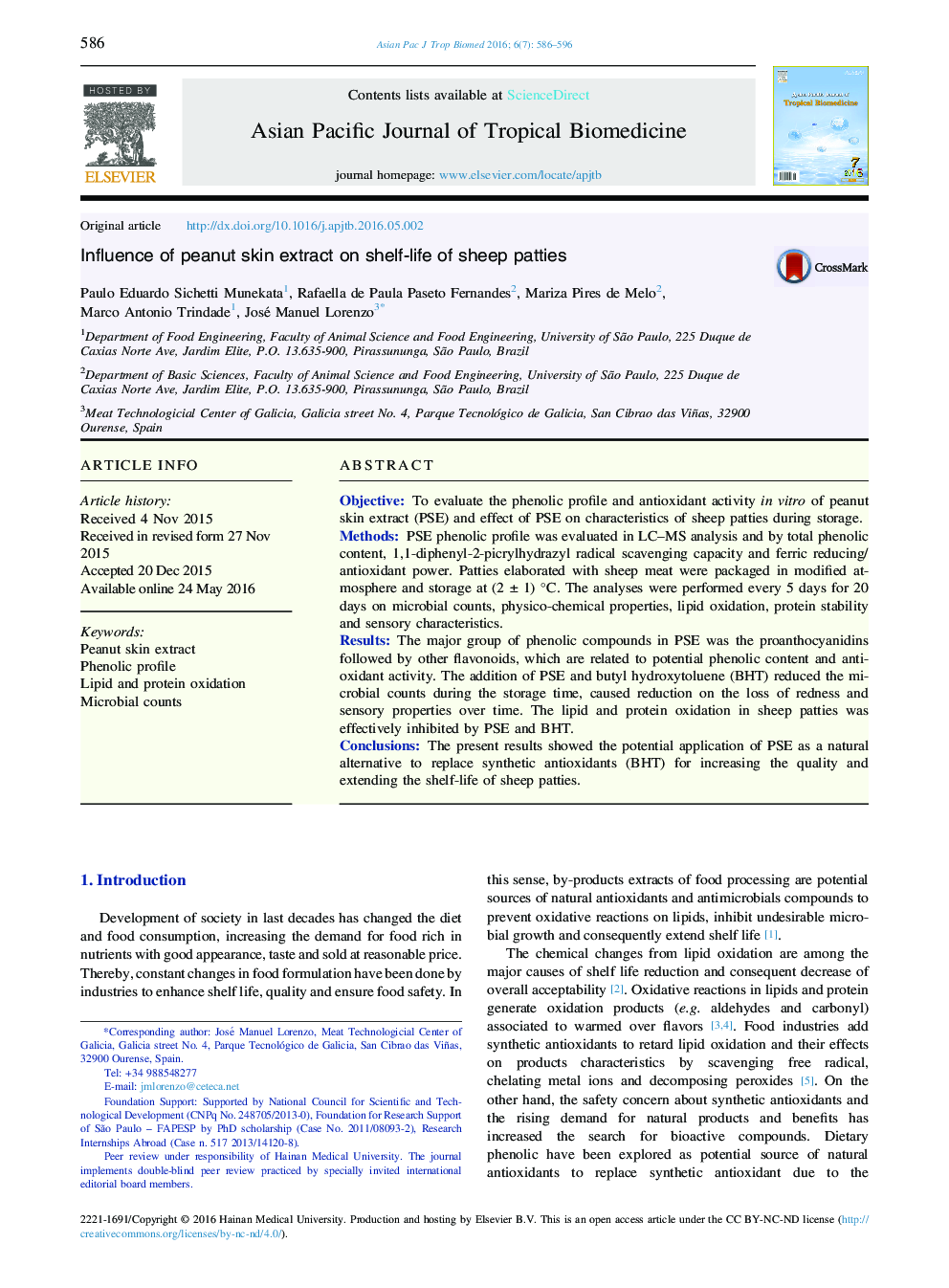 Influence of peanut skin extract on shelf-life of sheep patties 