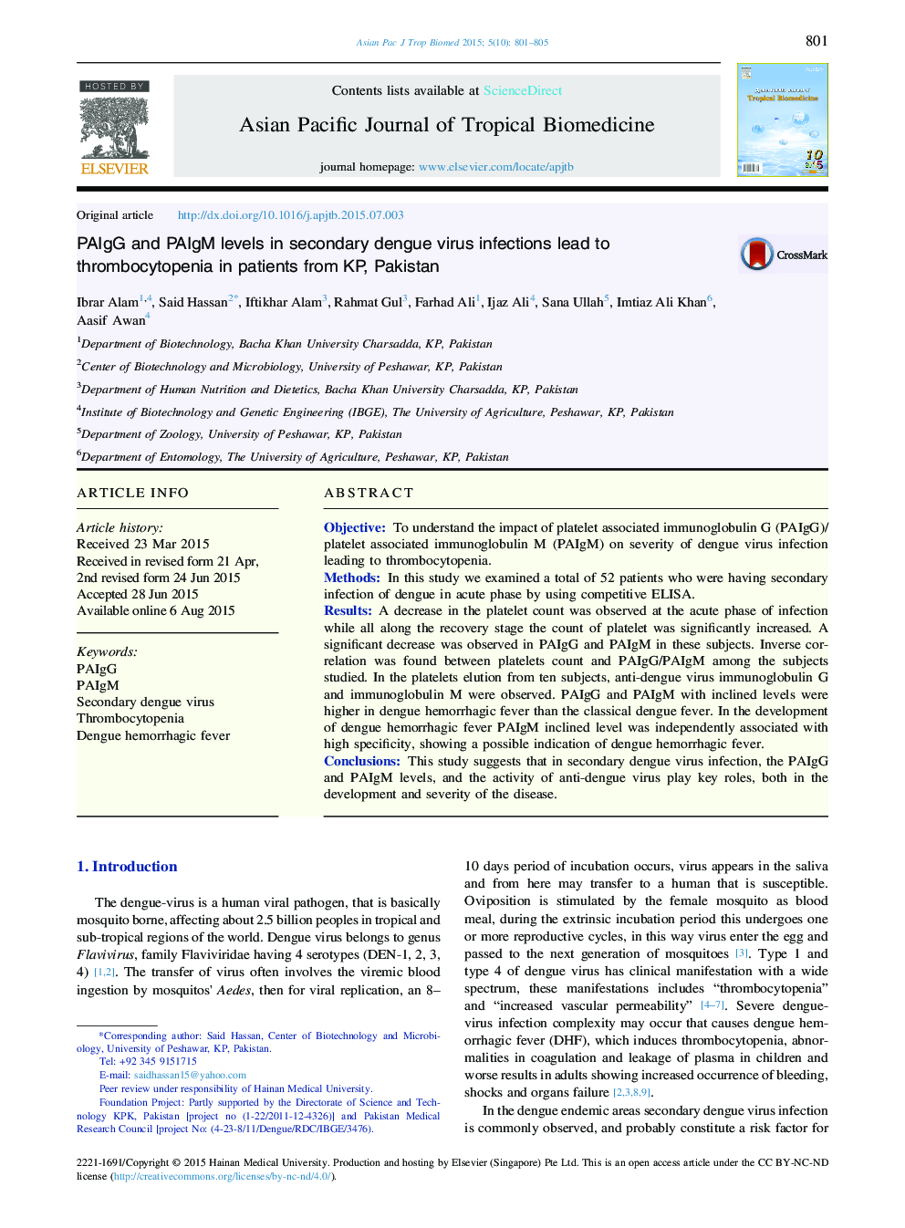 PAIgG and PAIgM levels in secondary dengue virus infections lead to thrombocytopenia in patients from KP, Pakistan 