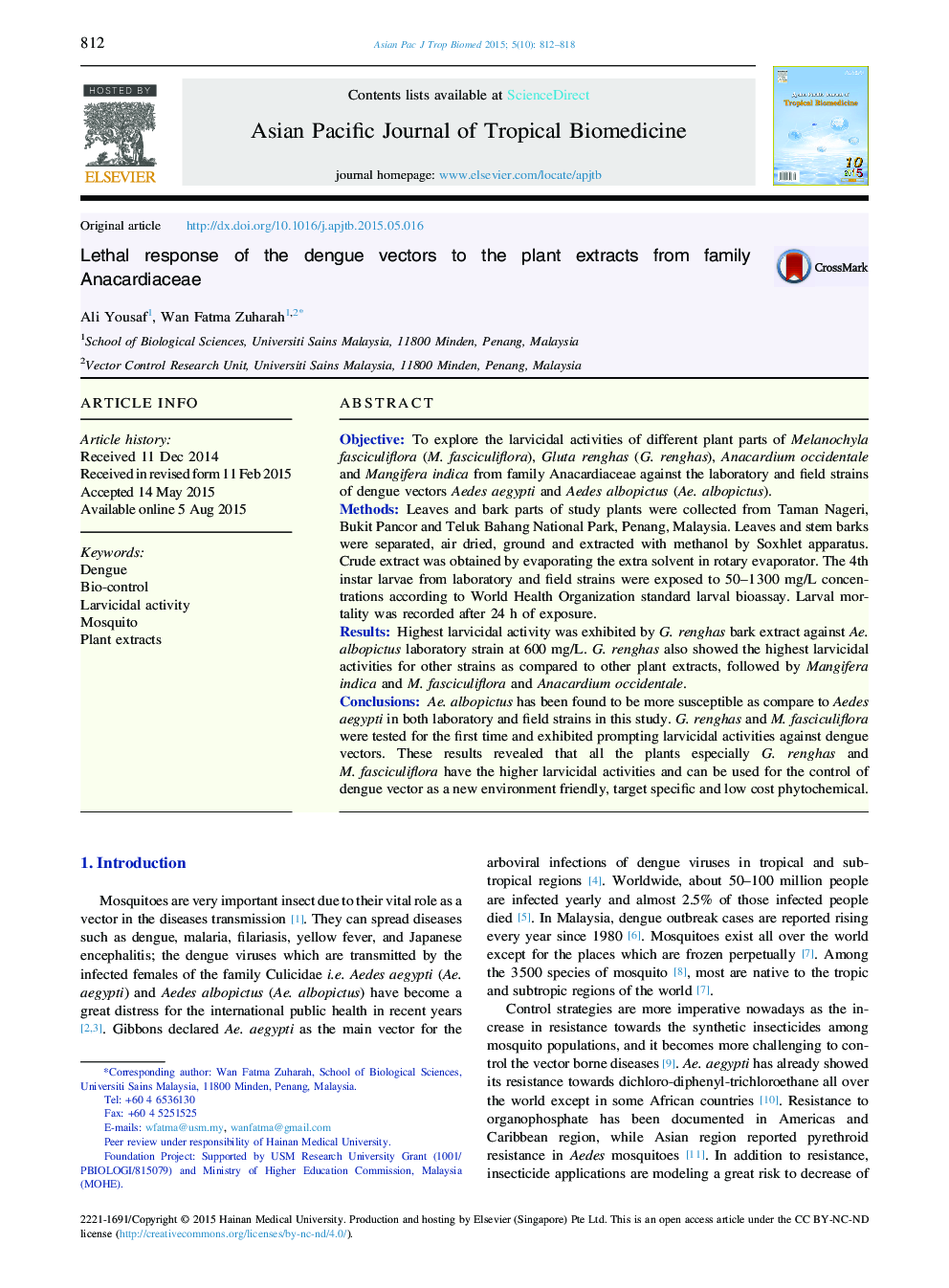 Lethal response of the dengue vectors to the plant extracts from family Anacardiaceae 