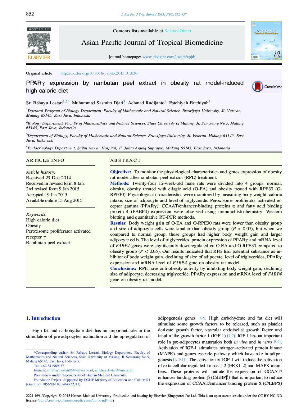 PPARγ expression by rambutan peel extract in obesity rat model-induced high-calorie diet 