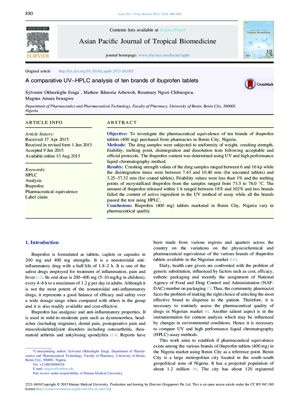 A comparative UV−HPLC analysis of ten brands of ibuprofen tablets 