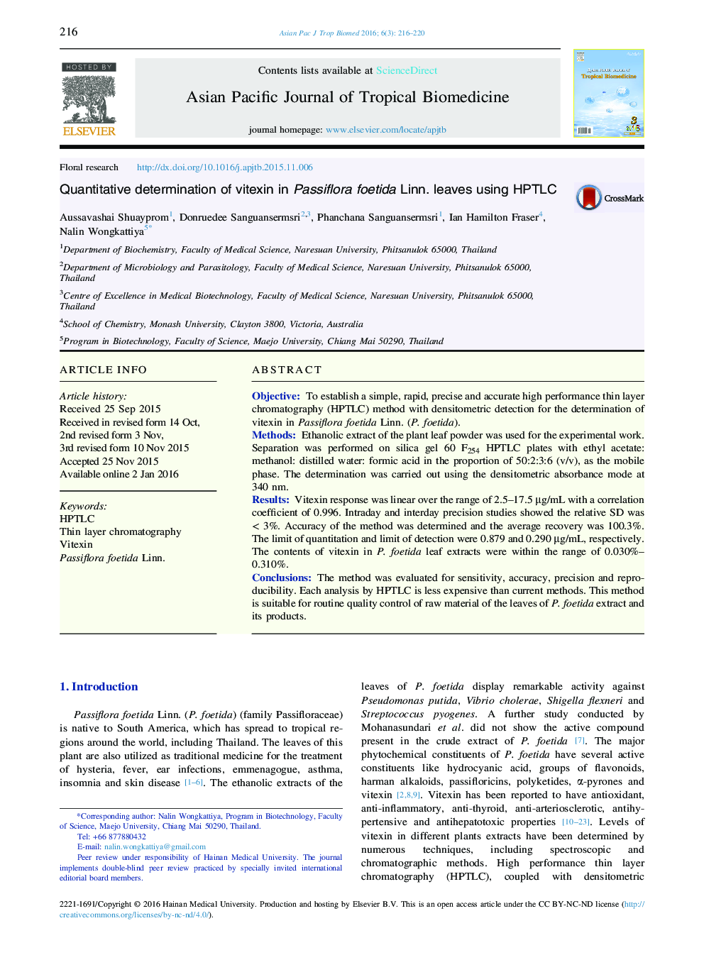 Quantitative determination of vitexin in Passiflora foetida Linn. leaves using HPTLC 
