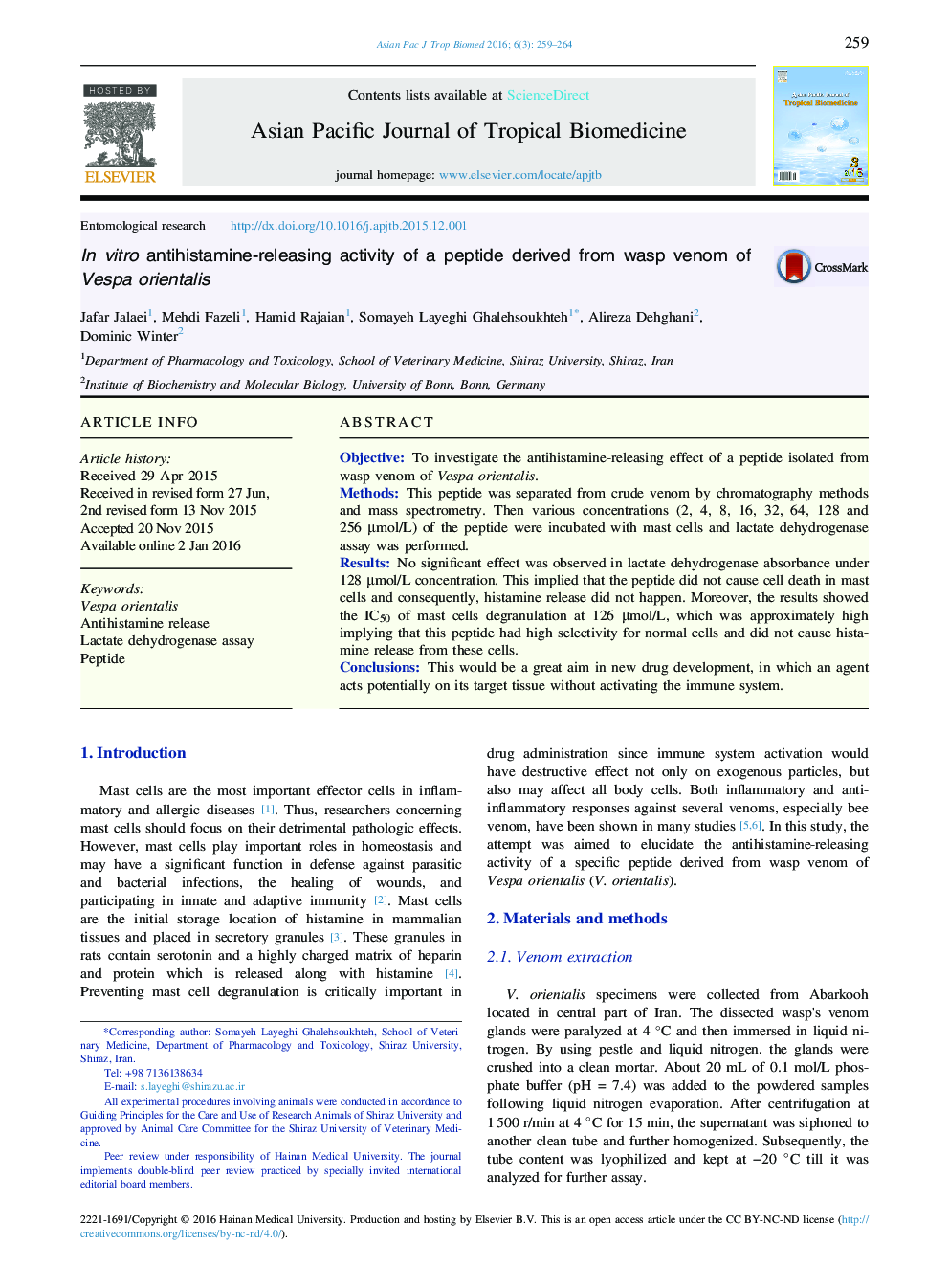 In vitro antihistamine-releasing activity of a peptide derived from wasp venom of Vespa orientalis 