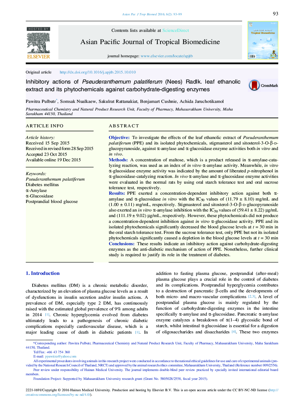 Inhibitory actions of Pseuderanthemum palatiferum (Nees) Radlk. leaf ethanolic extract and its phytochemicals against carbohydrate-digesting enzymes 