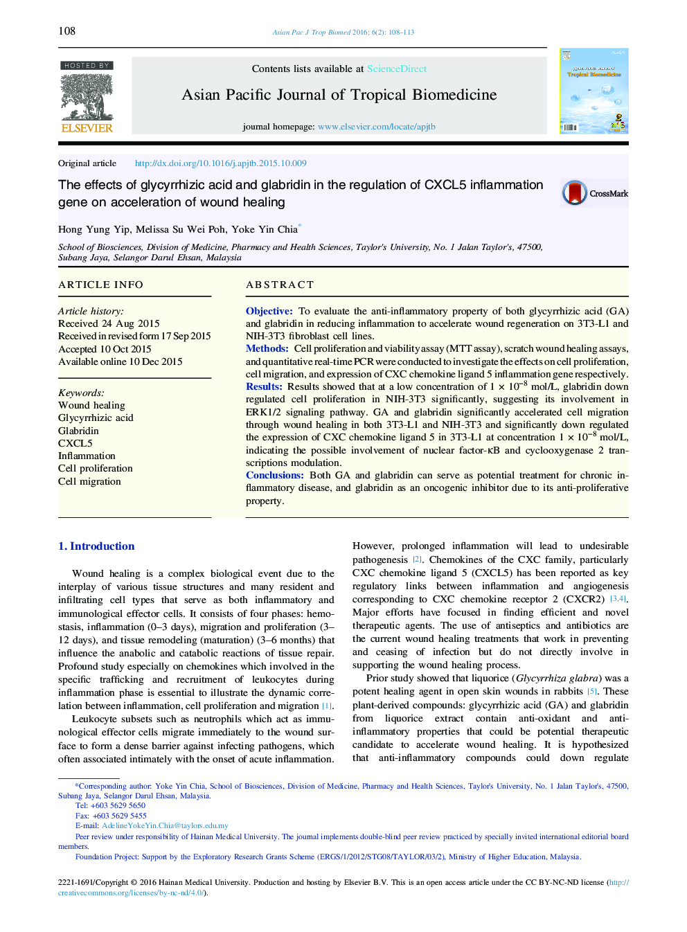 The effects of glycyrrhizic acid and glabridin in the regulation of CXCL5 inflammation gene on acceleration of wound healing 