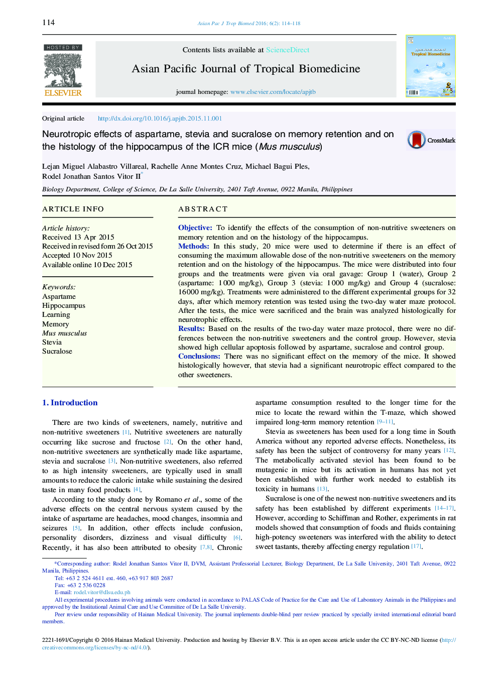 Neurotropic effects of aspartame, stevia and sucralose on memory retention and on the histology of the hippocampus of the ICR mice (Mus musculus) 