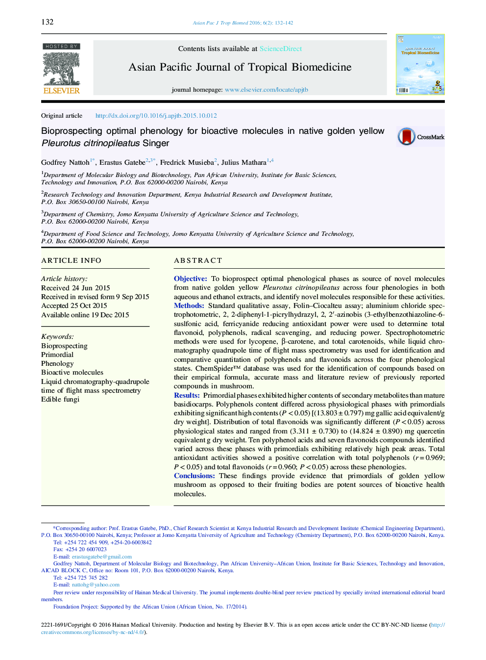 Bioprospecting optimal phenology for bioactive molecules in native golden yellow Pleurotus citrinopileatus Singer 