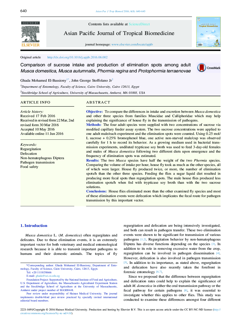 Comparison of sucrose intake and production of elimination spots among adult Musca domestica, Musca autumnalis, Phormia regina and Protophormia terraenovae 