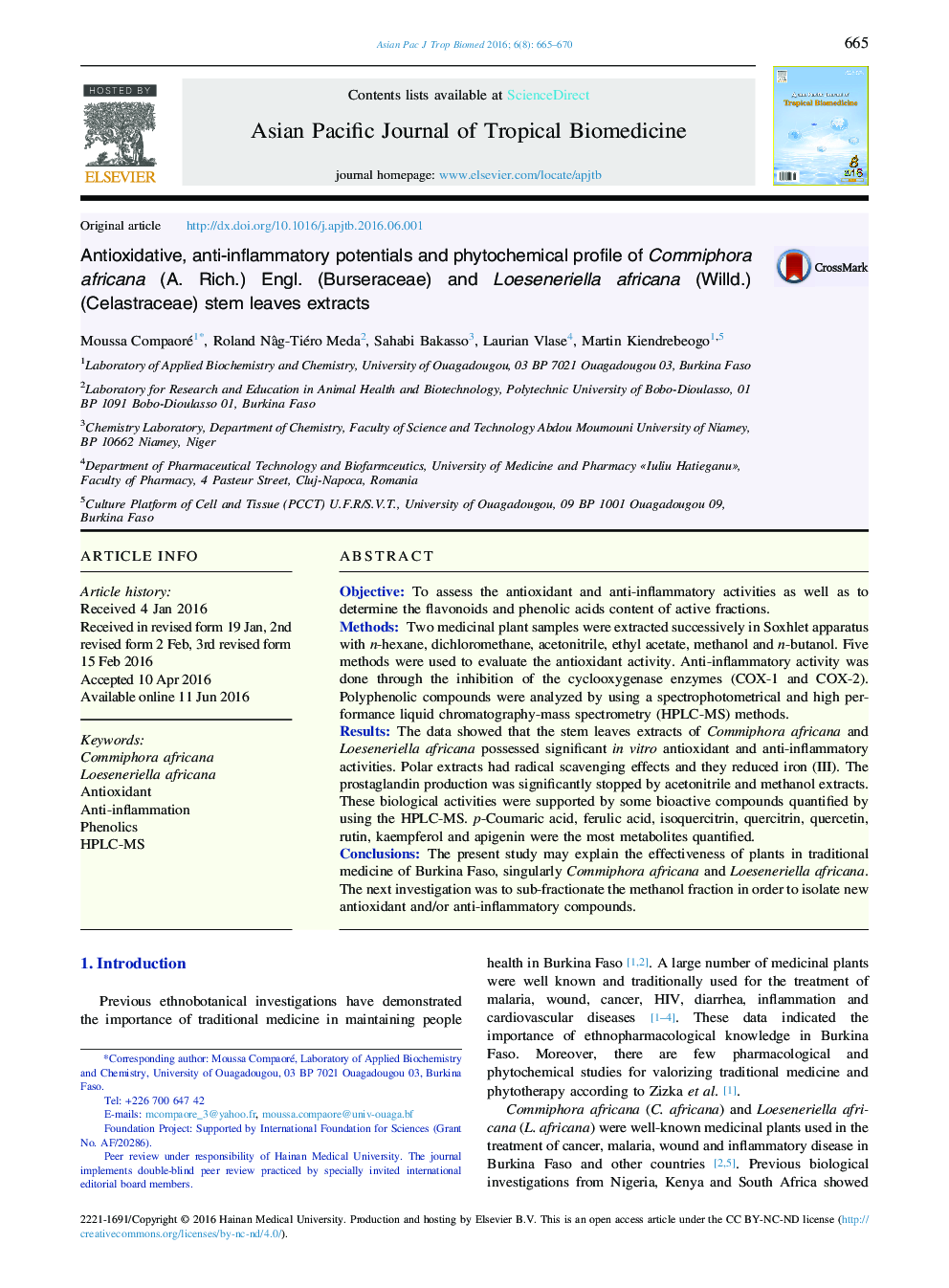 Antioxidative, anti-inflammatory potentials and phytochemical profile of Commiphora africana (A. Rich.) Engl. (Burseraceae) and Loeseneriella africana (Willd.) (Celastraceae) stem leaves extracts 