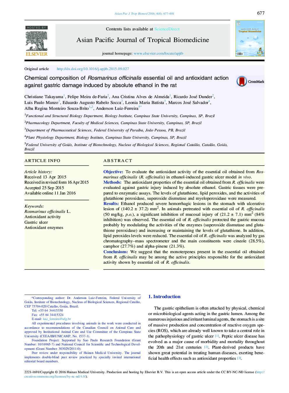 Chemical composition of Rosmarinus officinalis essential oil and antioxidant action against gastric damage induced by absolute ethanol in the rat 