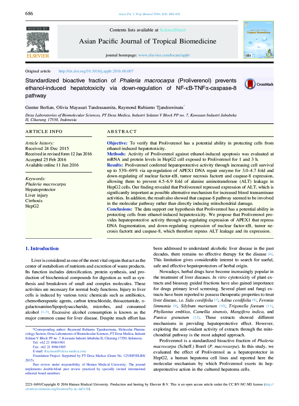 Standardized bioactive fraction of Phaleria macrocarpa (Proliverenol) prevents ethanol-induced hepatotoxicity via down-regulation of NF-κB-TNFα-caspase-8 pathway 