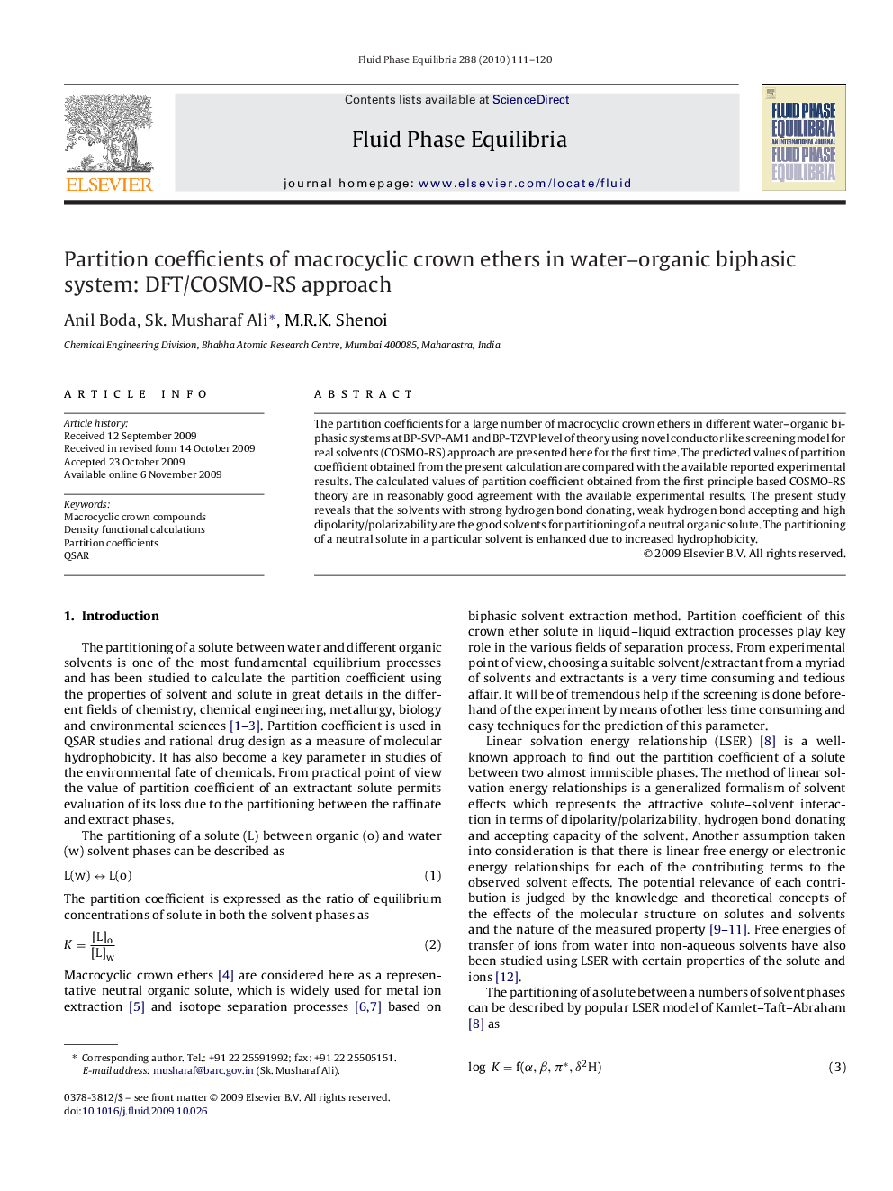 Partition coefficients of macrocyclic crown ethers in water–organic biphasic system: DFT/COSMO-RS approach