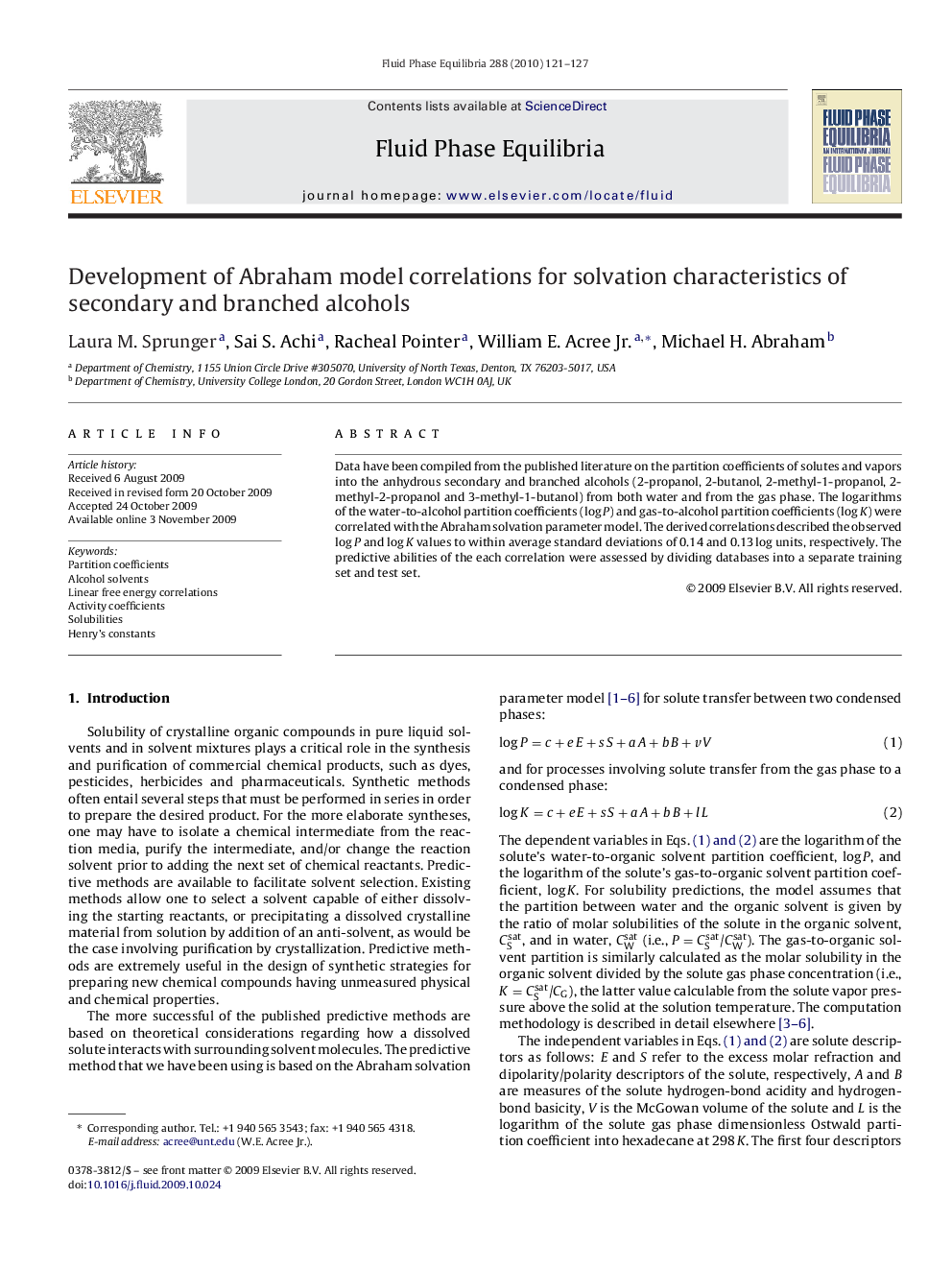 Development of Abraham model correlations for solvation characteristics of secondary and branched alcohols