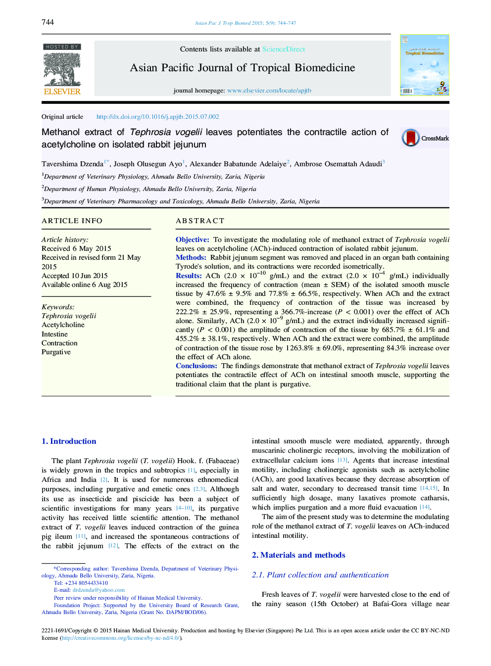 Methanol extract of Tephrosia vogelii leaves potentiates the contractile action of acetylcholine on isolated rabbit jejunum 