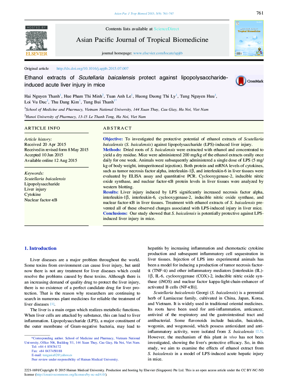 Ethanol extracts of Scutellaria baicalensis protect against lipopolysaccharide-induced acute liver injury in mice 