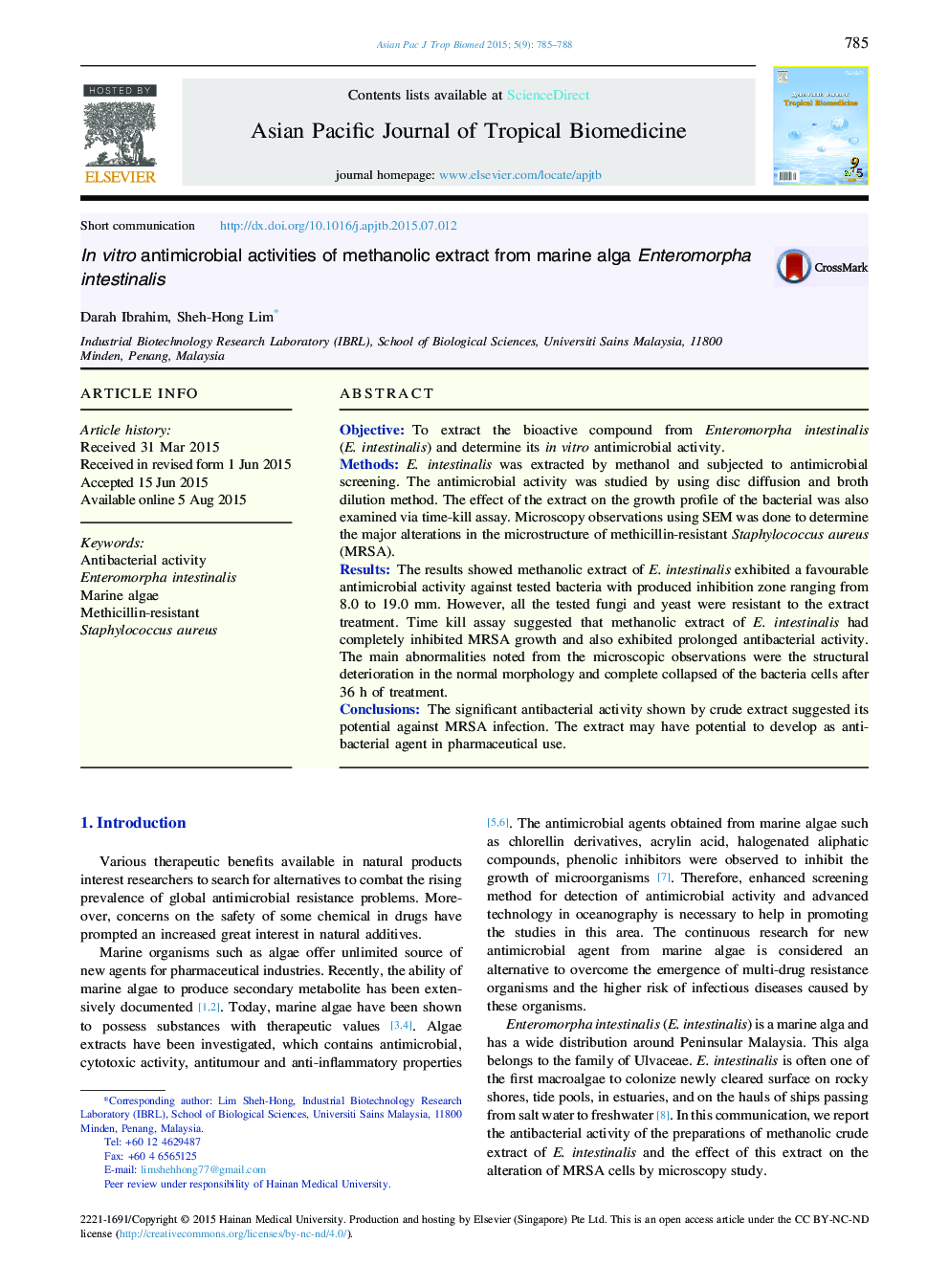 In vitro antimicrobial activities of methanolic extract from marine alga Enteromorpha intestinalis 