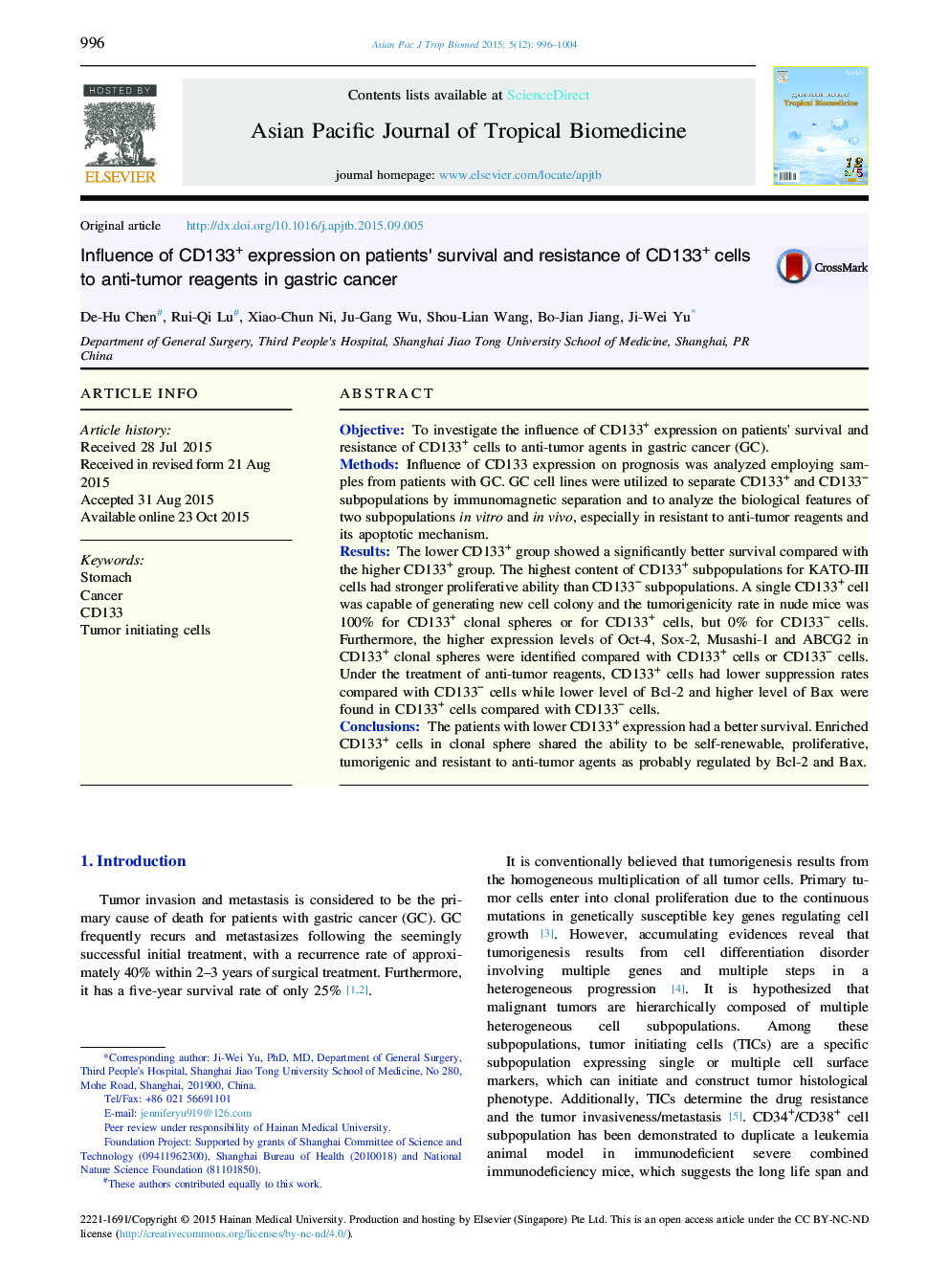 Influence of CD133+ expression on patients' survival and resistance of CD133+ cells to anti-tumor reagents in gastric cancer 