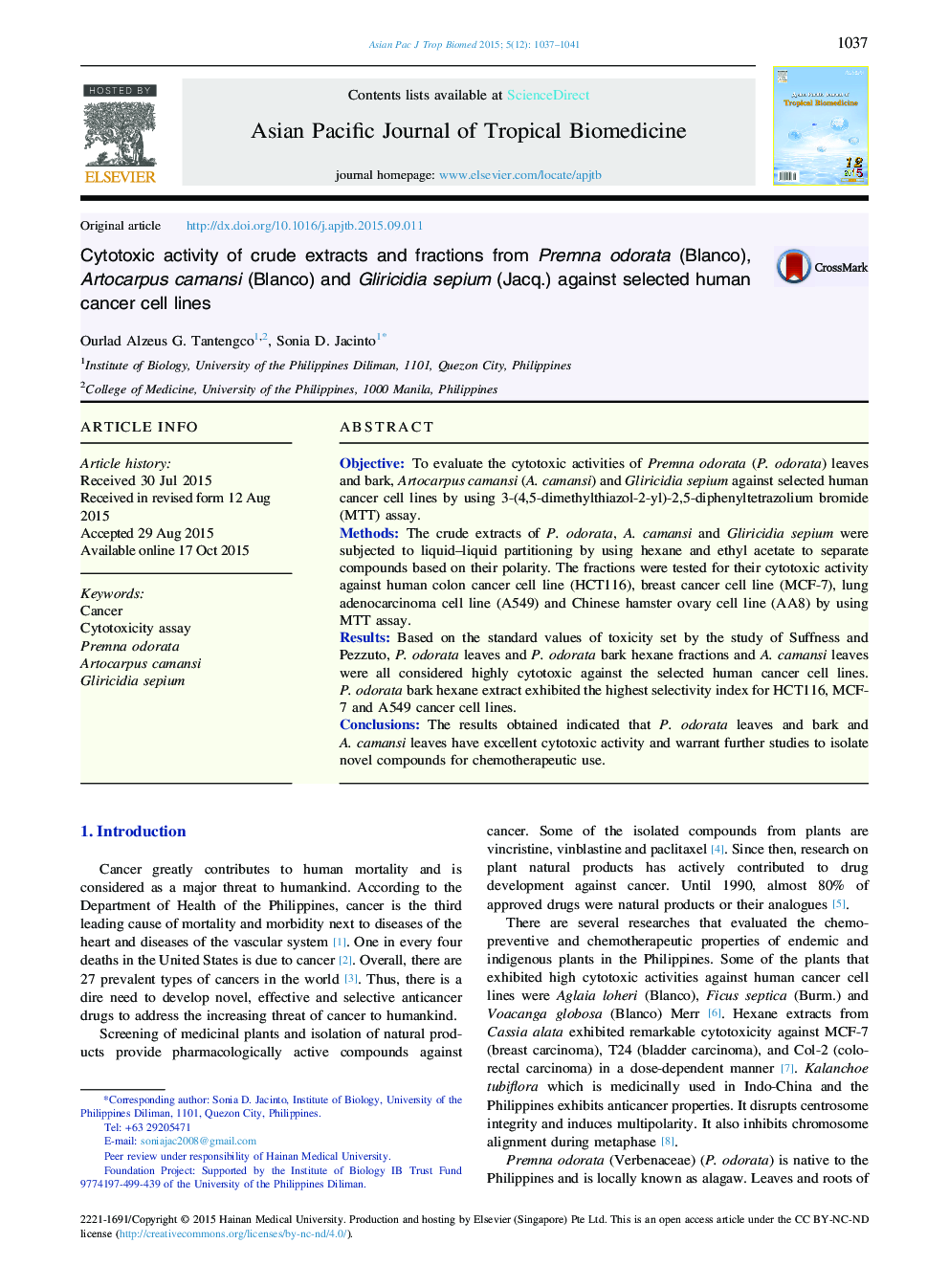 Cytotoxic activity of crude extracts and fractions from Premna odorata (Blanco), Artocarpus camansi (Blanco) and Gliricidia sepium (Jacq.) against selected human cancer cell lines 