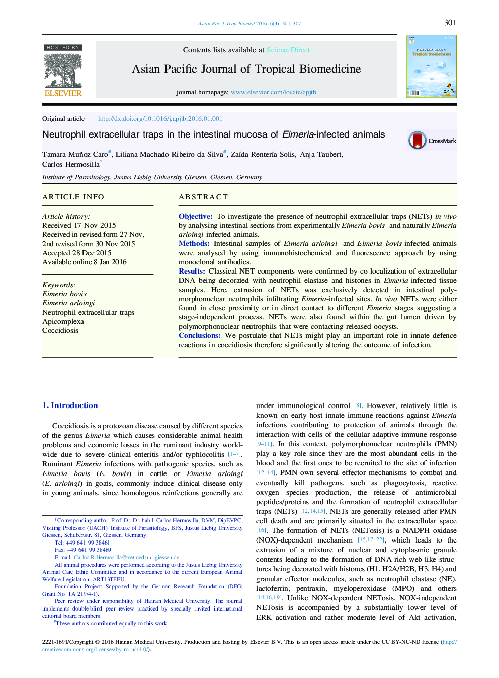 Neutrophil extracellular traps in the intestinal mucosa of Eimeria-infected animals 