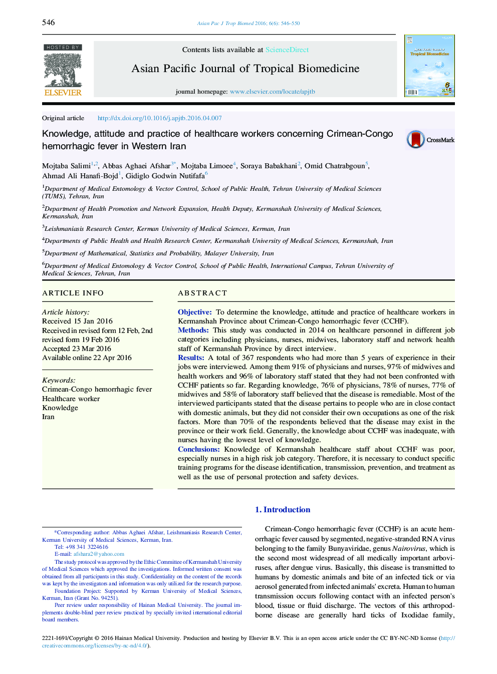 Knowledge, attitude and practice of healthcare workers concerning Crimean-Congo hemorrhagic fever in Western Iran 