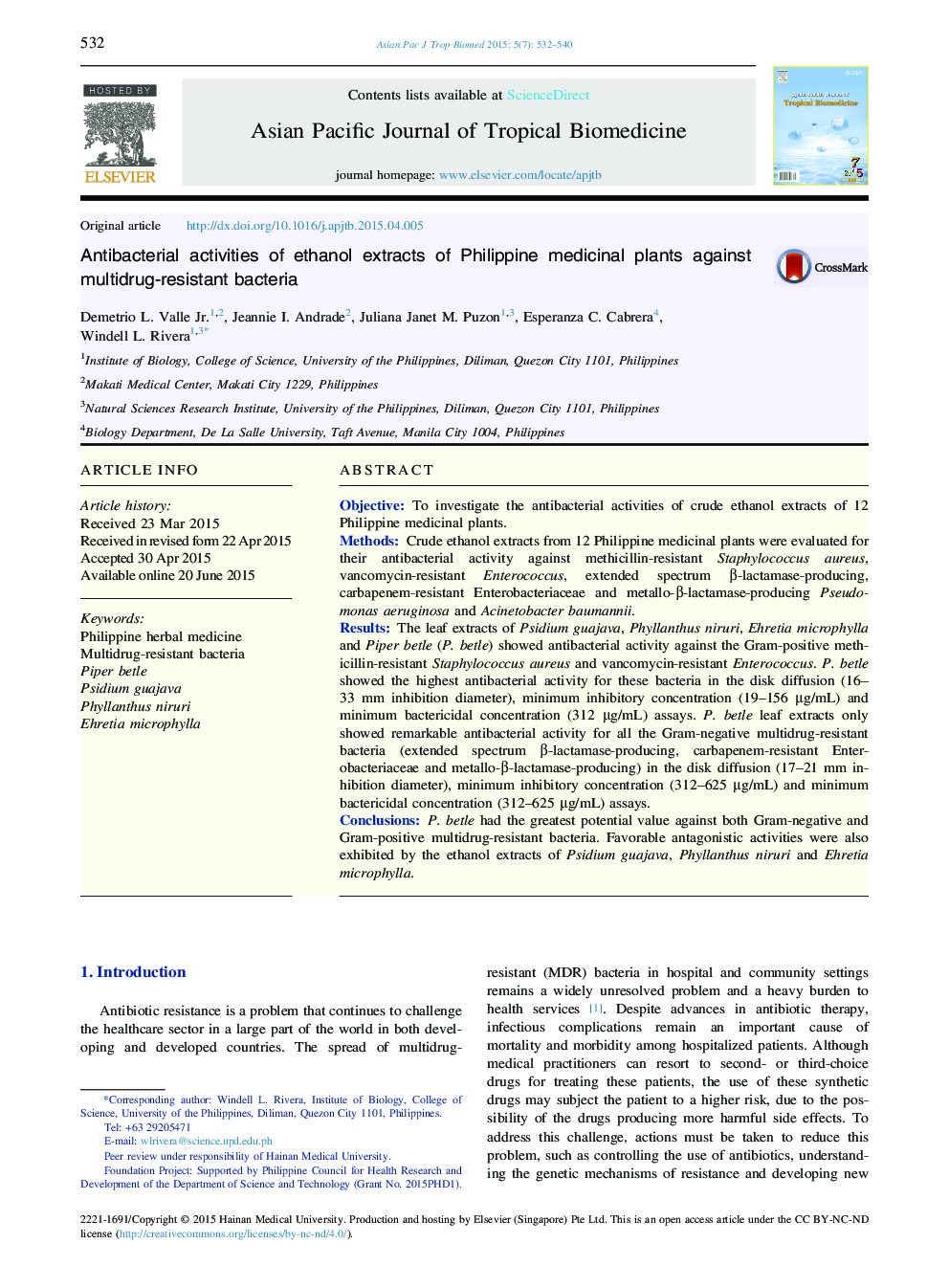 Antibacterial activities of ethanol extracts of Philippine medicinal plants against multidrug-resistant bacteria 