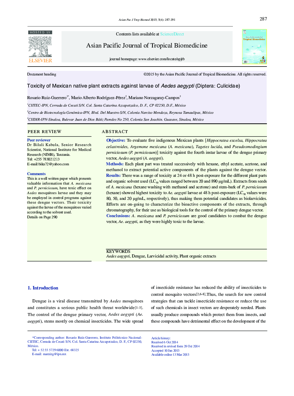 Toxicity of Mexican native plant extracts against larvae of Aedes aegypti (Diptera: Culicidae) 