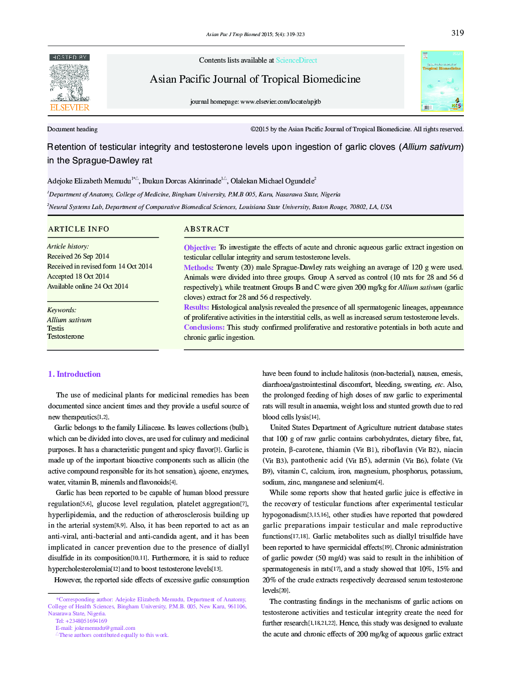 Retention of testicular integrity and testosterone levels upon ingestion of garlic cloves (Allium sativum) in the Sprague-Dawley rat 